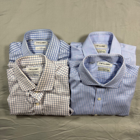 Lot of 4 Twillory Mens Non-Iron Safe Cotton Dress Shirt Plaid Sz 16 32/33 Office